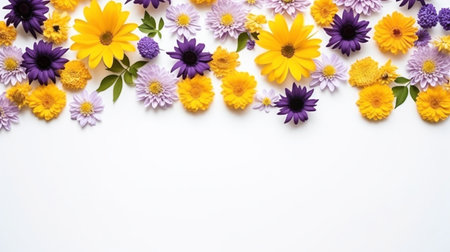 Vibrant flower banner, colorful daisies with copyspace, top view, perfect for invitations, backgrounds, spring themes.の素材