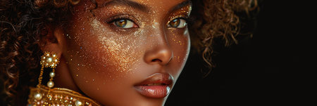 Banner Elegant African woman with golden glitter makeup, lush curls, and luxurious pearls.の素材