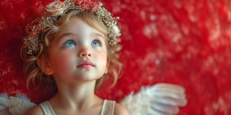 Banner Dreamy young angel with blue eyes and floral tiara on redの素材