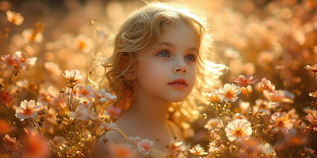 Child in flower field, golden light, serene nature, summer blooms, portrait of innocence.の素材