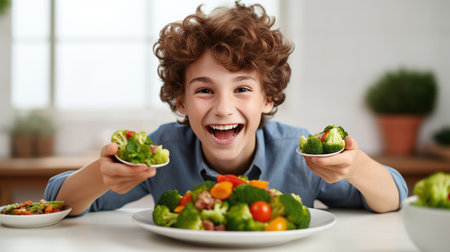 Joyful curly-haired boy with healthy vegetable meal, fun eating conceptの素材