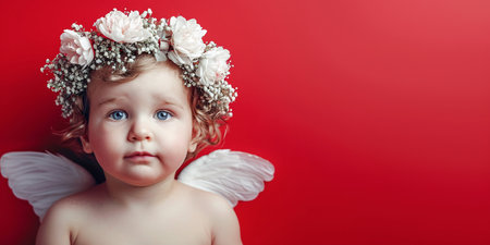Banner Toddler with angel wings and floral headband on red, captivating child portraitの素材