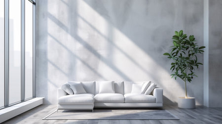 Sleek white sofa in light modern interior with large window and potted plant, perfect for product staging.の素材