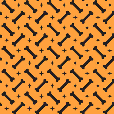 Halloween seamless pattern with bones and retro stars on orange background. For wrapping paper, fabric print, greeting cards designのイラスト素材