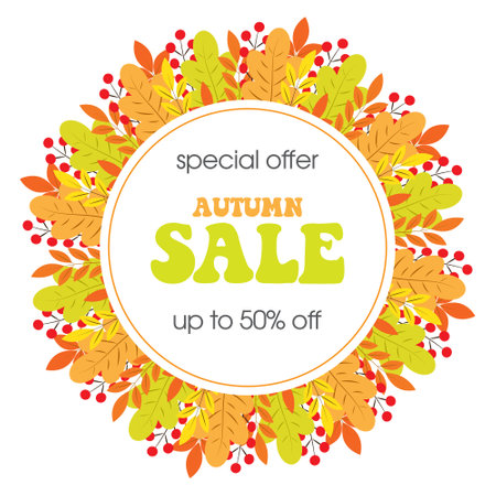 Autumn leaves round frame on white background. Autumn sale banner. Fall design for advertisementのイラスト素材