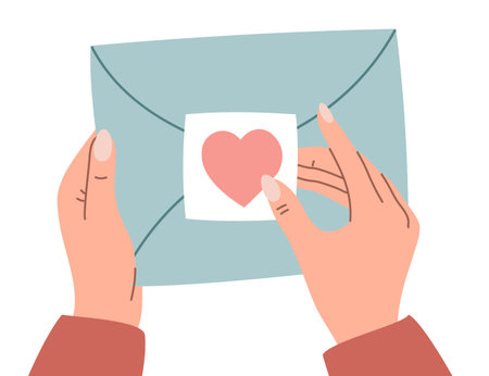 Vector illustration of hands holding a heart-sealed envelope, perfect for Valentine's Day, love correspondence, and romantic designs.のイラスト素材