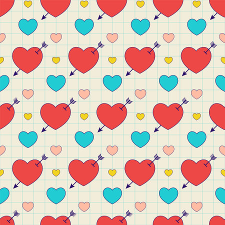 Groovy heart shape with arrow pattern. Retro y2k nostalgic 90s square banner on a checkered paper...