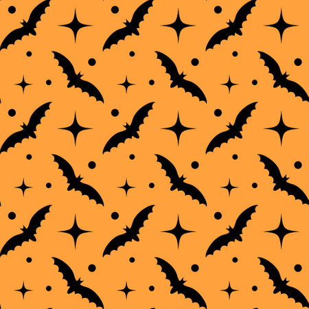 Halloween seamless pattern with black bats and retro stars on orange background. For wrapping paper, fabric print, greeting cards designのイラスト素材