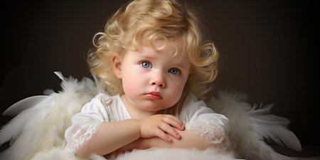 Child angel with curly blonde hair and blue eyes, dressed in white lace, surrounded by soft feathersの素材