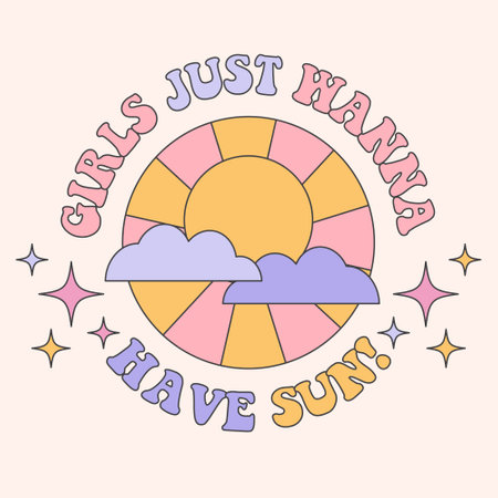 70s retro groovy slogan with hippie sunshine and clouds. Girls slogan print for graphic tee. Cute girly background in retro style.のイラスト素材