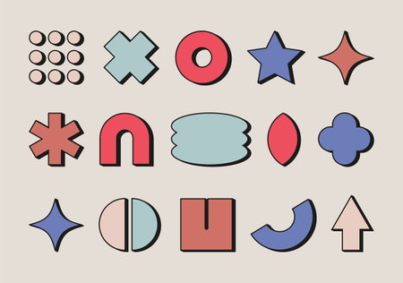 Brutalism forms, minimalist geometric elements, abstract bauhaus shapes. Trendy y2k basic figures, stars, lines and circles, modern graphic design elements in retro style.のイラスト素材