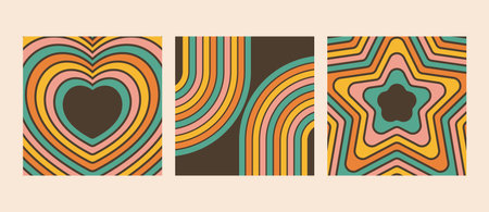 70s groovy background set in retro style. Psychedelic rainbow lines, heart, star