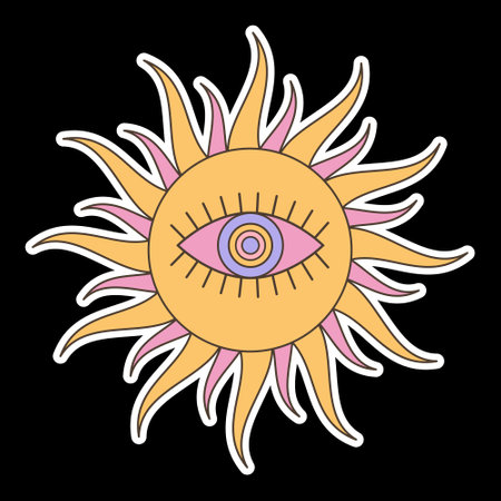 Groovy psychedelic sun sticker with eye. Cartoon print for graphic tee. Abstract trippy artのイラスト素材