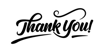 thank you lettering in black script font with elegant swirls on a white background, perfect for cards, business branding, marketing, and gratitude-themed designsのイラスト素材