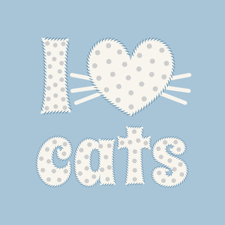 i love cats vector illustration with patchwork design, heart shape, polka dots, and whisker details on a pastel blue backgroundのイラスト素材