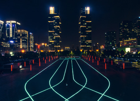 Zhengzhou East Railway Station West Square huge beautiful square light strip pattern and Zhengdong...