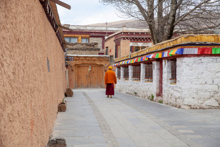 A Tibetan walking on the road leading to the home of the seventh Dalai Lama Gesang Gyatso