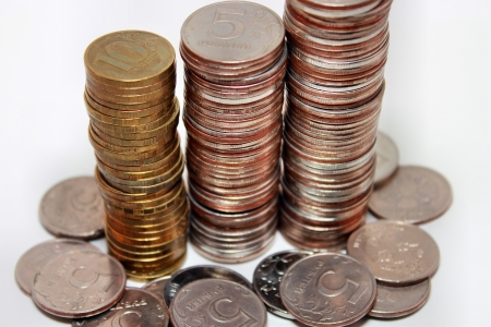 A lot of Russian coins piled with stacksの写真素材