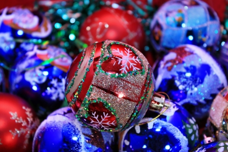 Christmas background red ball close-upの写真素材