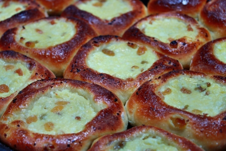 Sweet rolls with cream cheese and raisins in the panの写真素材
