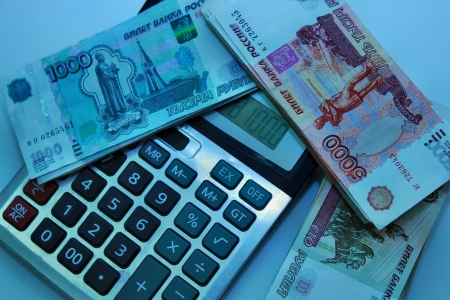 Russian money and calculatorの写真素材