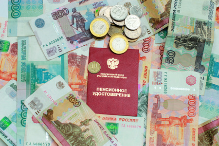 Russian money and pension certificate closeupの写真素材