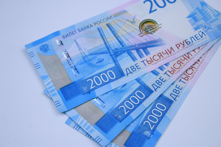 Three new notes on the tip of 2000 rubles close-upの写真素材