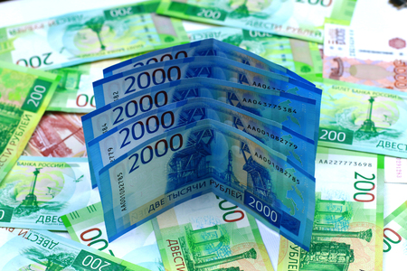 Russian banknotes in denominations of two thousand rubles. Backgroundの写真素材