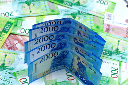 New two thousand rubles on a background of money close-up.の写真素材