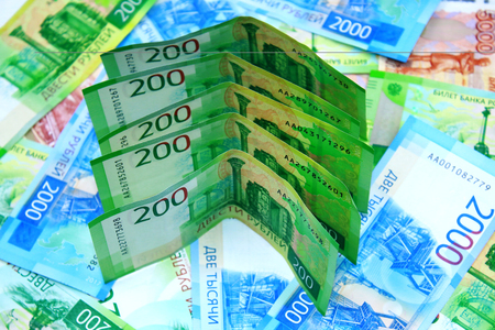 New Russian bills 200 rubles on the background of Russian moneyの写真素材