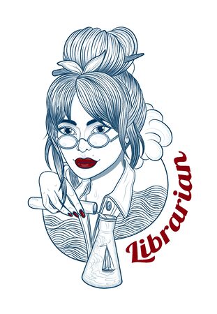 woman librarian with glasses shows the magic of travelのイラスト素材