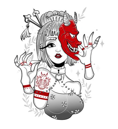 a geisha girl in a demon mask is dancingのイラスト素材