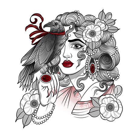 Valkyrie woman with a big raven on her handのイラスト素材