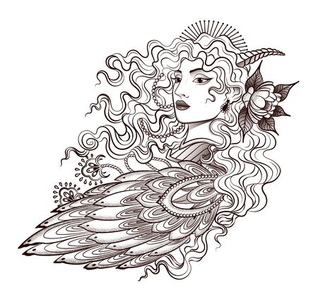 bird girl with a crown on her headのイラスト素材