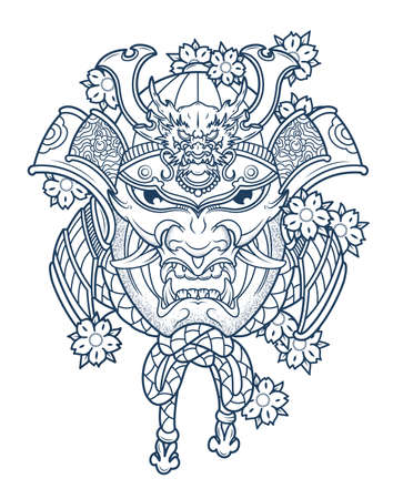 tattoo of evil japanese samurai in colorsのイラスト素材