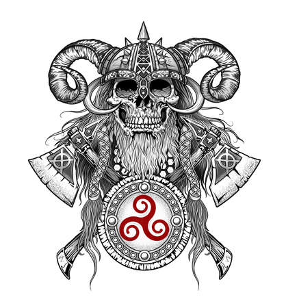 viking skull emblem with axes and shieldのイラスト素材