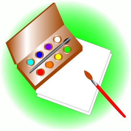 Multi-colored paints and brush on two sheets of paperのイラスト素材