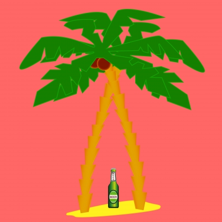 Two palm trees and beer on a red backgroundのイラスト素材