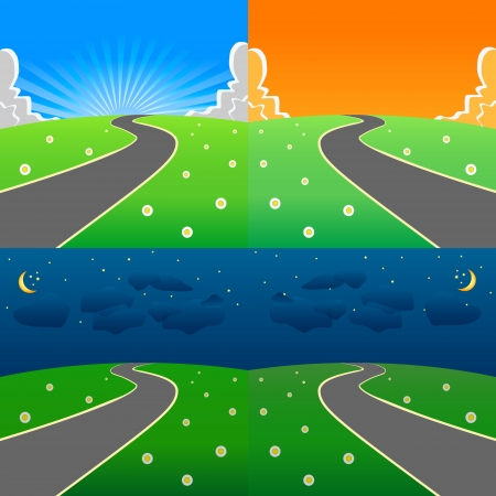 Day and night scene on the fresh meadowのイラスト素材