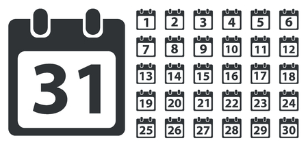 Calendar day icon set, number on calendar page, monochrome, isolated on whiteのイラスト素材