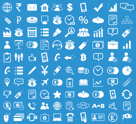 Business icon set, simple white image on blue backgroundのイラスト素材