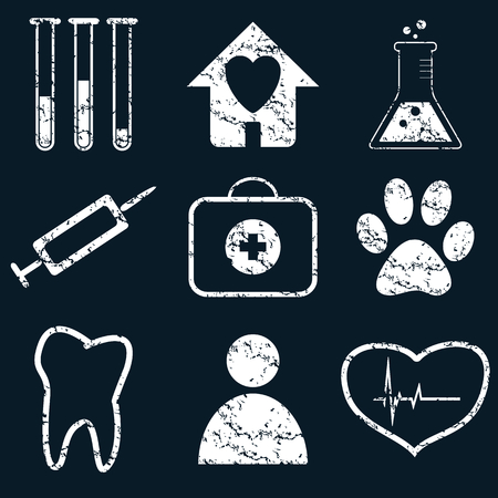 Medical icon set, white scratched images on black backgroundのイラスト素材