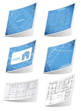 Architecture background sticker set, with blueprints, isolated on whiteのイラスト素材