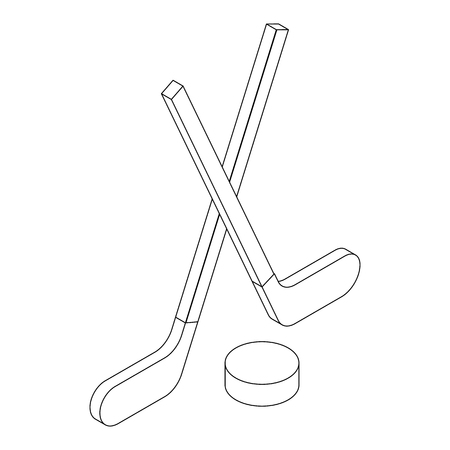 Two crossed hockey sticks and puck icon in isometric 3d style isolated on white backgroundのイラスト素材