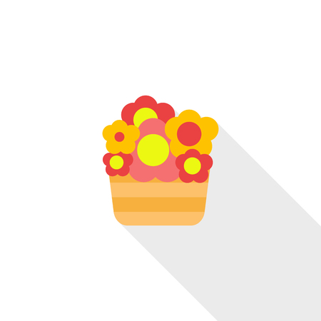 Basket with flowers icon in flat style with long shadow. Summer and flora symbolのイラスト素材