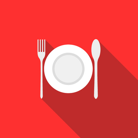 Plate, spoon and fork icon in flat style with long shadow. Table setting and eating symbolのイラスト素材