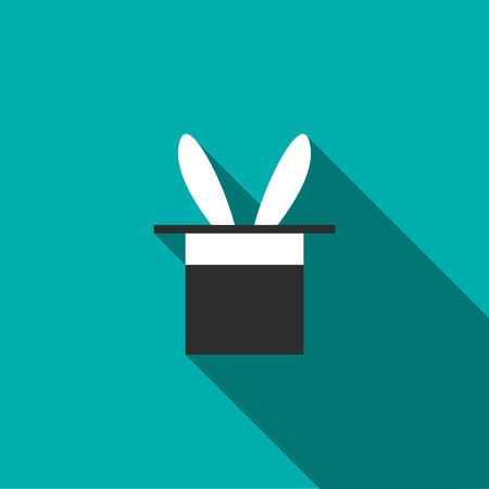 Rabbit appearing from a top magic hat icon in flat style on a turquoise backgroundのイラスト素材