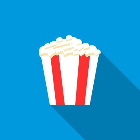 Popcorn in striped bucket icon in flat style on a blue backgroundのイラスト素材