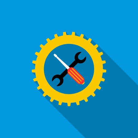 Gear wheel, wrench, and screwdriver icon in flat style on a blue backgroundのイラスト素材