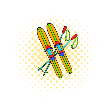 Skis and sticks icon in comics style on dotted background. Winter entertainment symbolのイラスト素材